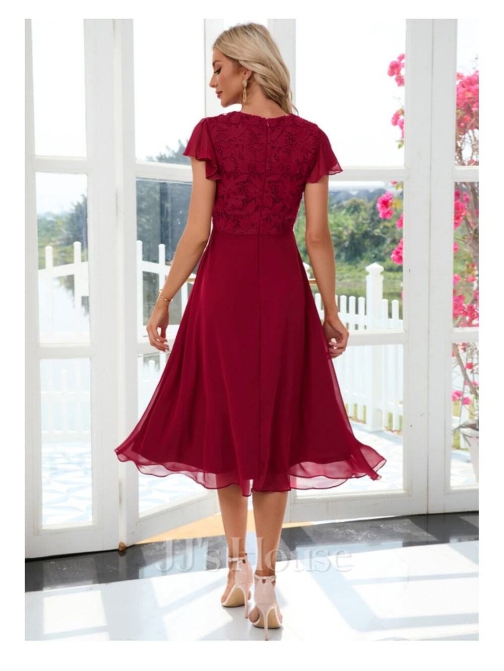 JJs House Athelais Burgundy Lace Bodice Midi Dress - Picture 2 of 10